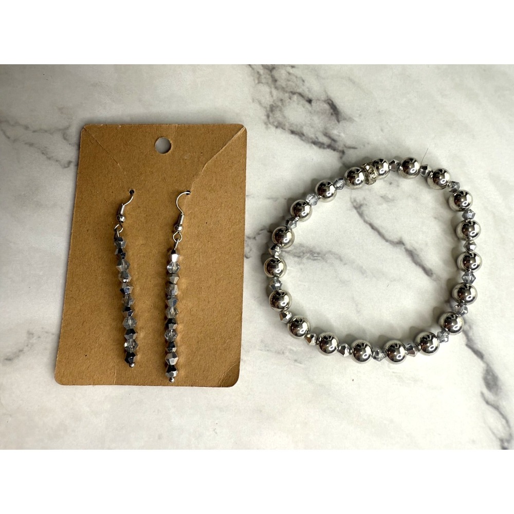 handmade beaded earrings and bracelets silver tones
